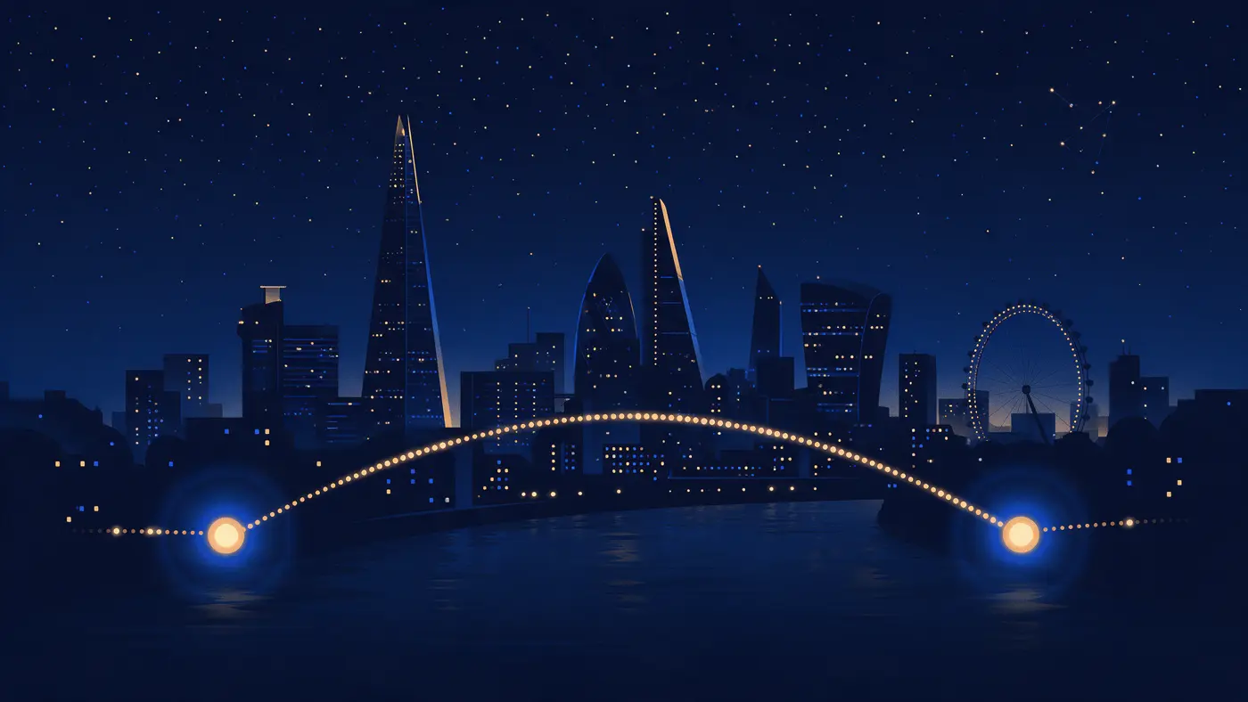 Stylised illustration of the London skyline at dusk, a bridge of golden lights linking two glowing points across the Thames
